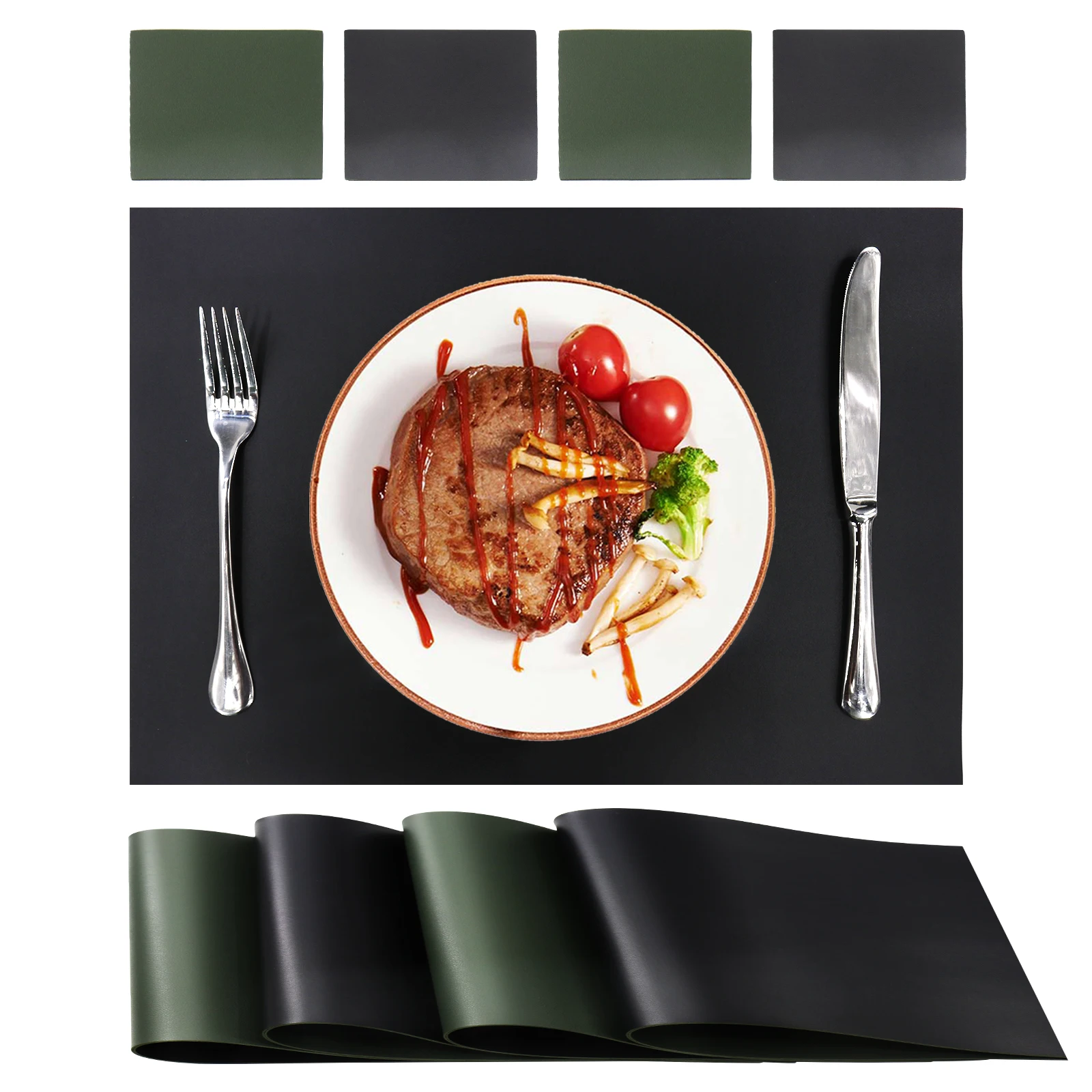 4pcs PU Leather Heat-resistant Placemat Two-tone 4-place Wipeable Placemat with Coaster Placemat Coffee Coasters Cup Mat