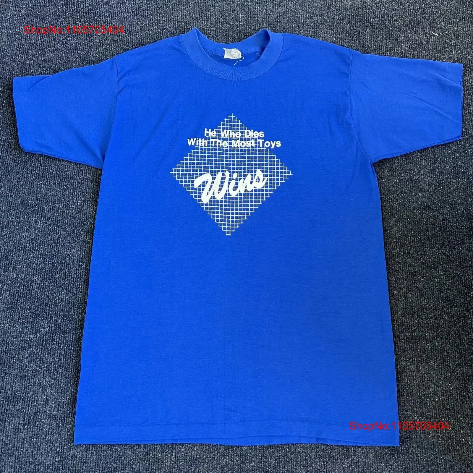 Vintage 80s He Who Dies With The Most Toys Wins Selec T Shirt Men Large Blue long or short sleeves vintage Washed Soft Unisex