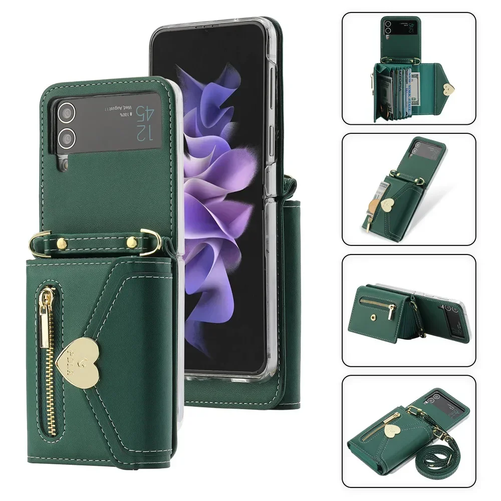 

Luxury Leather Crossbody Phone Case for Samsung Galaxy Z Flip5 Flip4 Flip3 Folding Hinge Protection with Card Slot Holder Cover