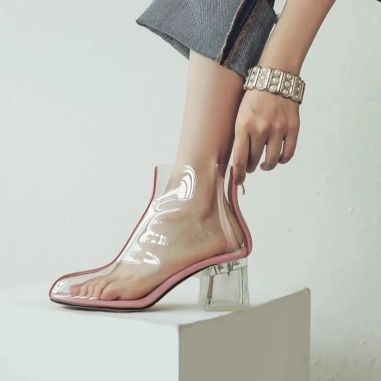 Clear Crystal Chunky Heel Transparent Ankle Boots Pointed Toe Patent Leather Patchwork Zipper Back Spring Stage Boots