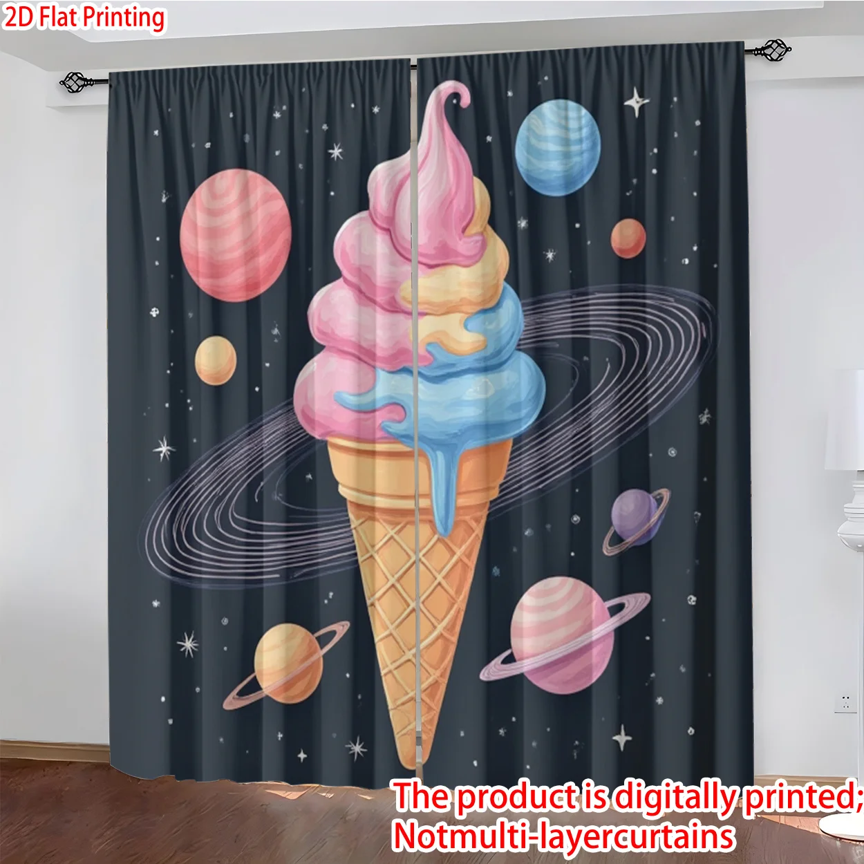 Cute Ice Cream Space Curtains Galaxy Planet Print Blackout Drapes Cartoon Kids Room Decor for Boys Girls Bedroom WindowTreatment