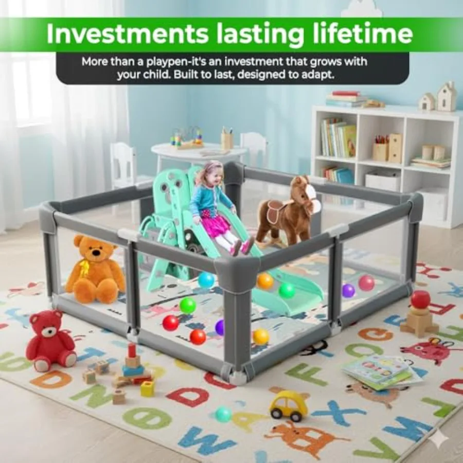 Foldable Baby Playpen with Mat Large 71"x59" Easy Installation Collapsible Play Yard for Babies and Toddlers Breathable Mesh An