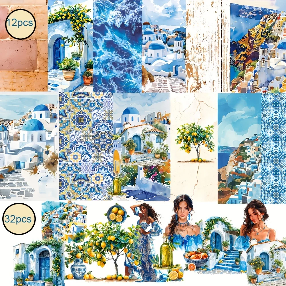 JAIIMAN44pcs Background Paper and Sticker set Mediterranean Summer Vibe Suitble for Themed Party Flag DIY, Bottle, Junk Journal