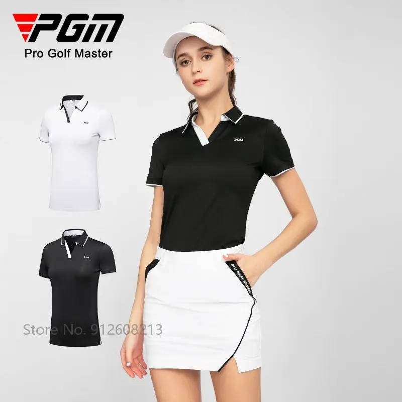 PGM Summer Women Slim Golf Wear V-neck Sports T-shirts Female Short-sleeved Golf Shirts Quick-dry Elastic Sportswear Casual Tops