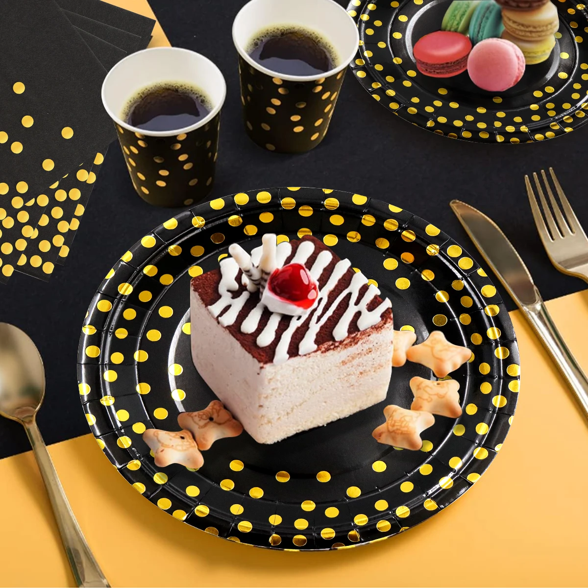 10 Guest Black Gold Dots Party Supplies High Quality Disposable Paper Plates Cup Napkins for Graduation Wedding Bridal Shower