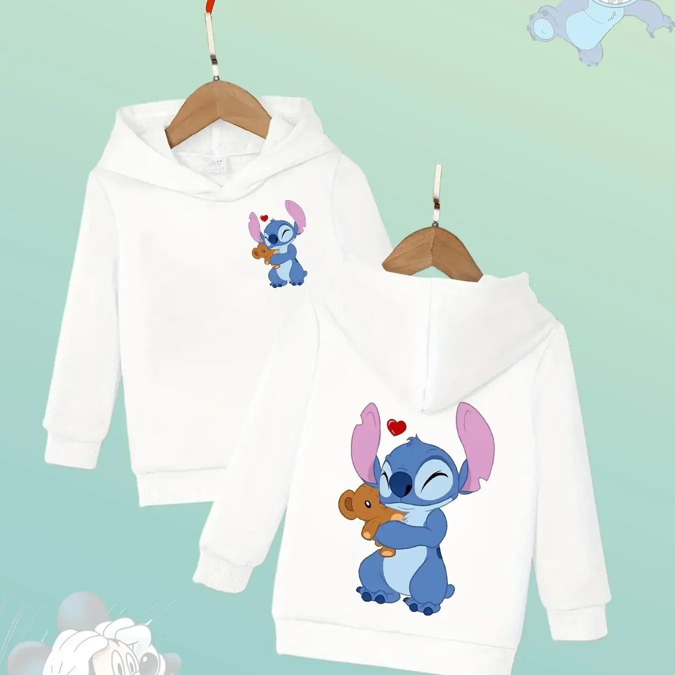 سويت شيرت بغطاء للرأس مريح وعصري للأطفال مطبوع عليه غرزة لطيفة من ديزني للخريف والشتاء للفتيات والفتيان في الهواء الطلق