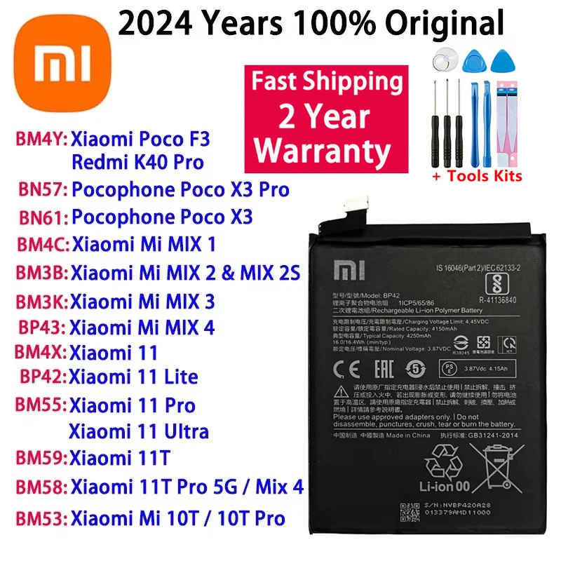 Fast Shipping 100% Original Battery For Xiaomi Poco X3 F3 Redmi K40 10T 11T Mi Mix 1 2 2S 3 4 11 Mi11 Lite Ultra Pro Batteries