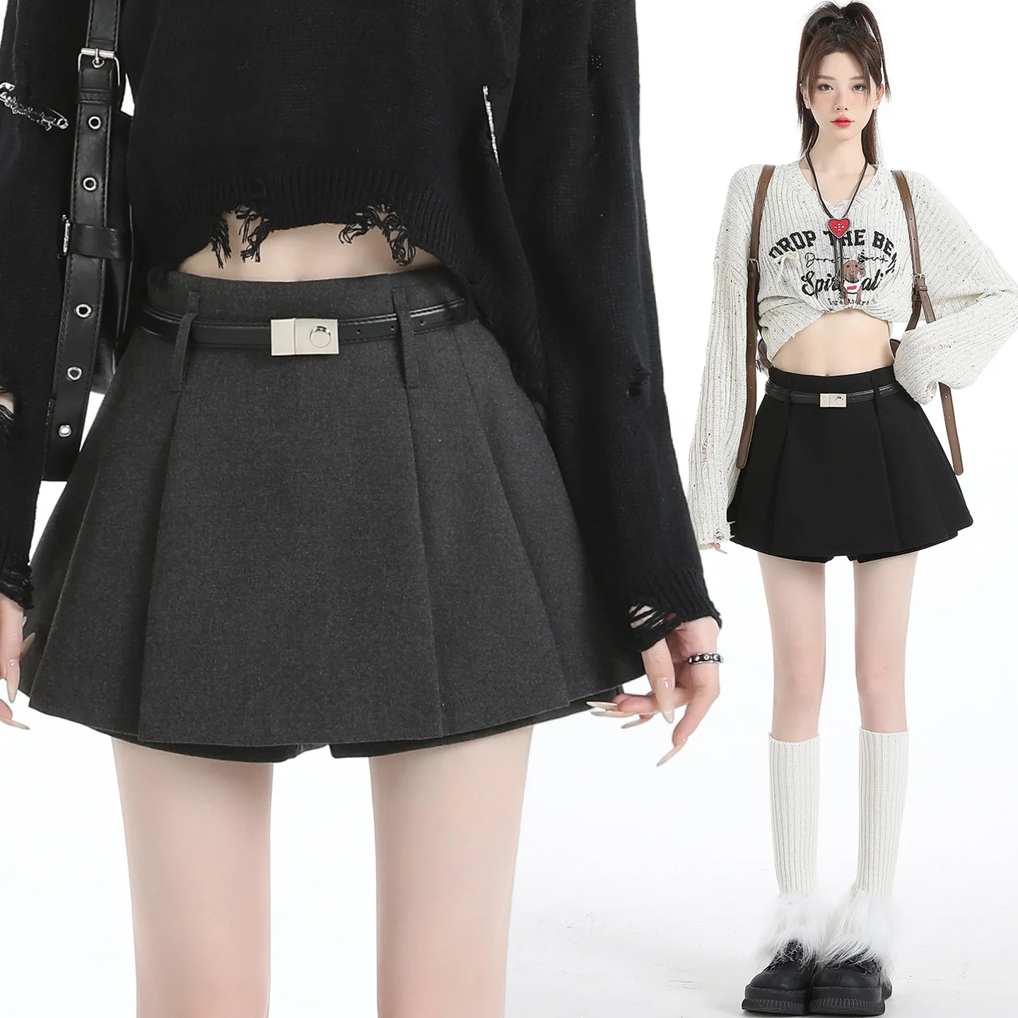 하이웨이스트 통근용 울 플리츠 스커트 또는 팬츠 스커트 팬츠 다용도 한국 스타일 데일리 웨어 스탠드 핏 A라인