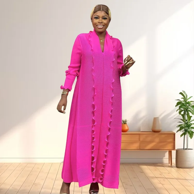 

Abaya Long Dress Cardigan Miyake Pleated Solid Color Lapel Long Sleeve Large Size Women's Middle East Modest and Elegant Robe