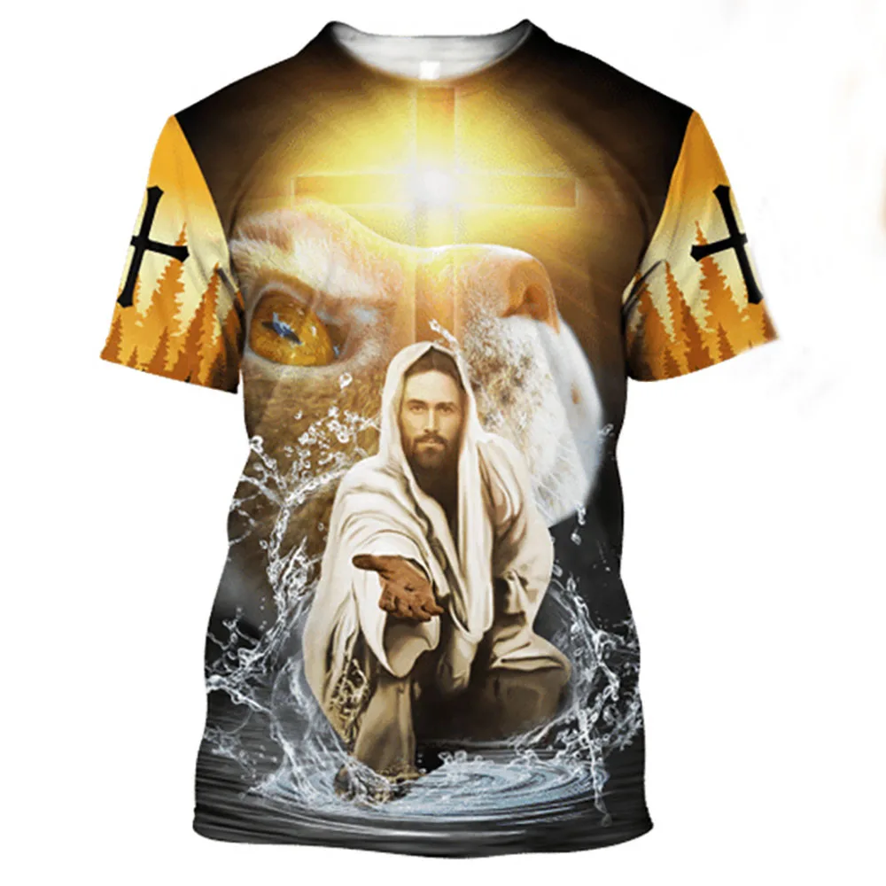 Animal Lion  Men's 3D Print T-shirts Christian Catholic Jesus  Summer Loose Short Sleeve Harajuku Hip Hop Tops Tees Drop Shippin