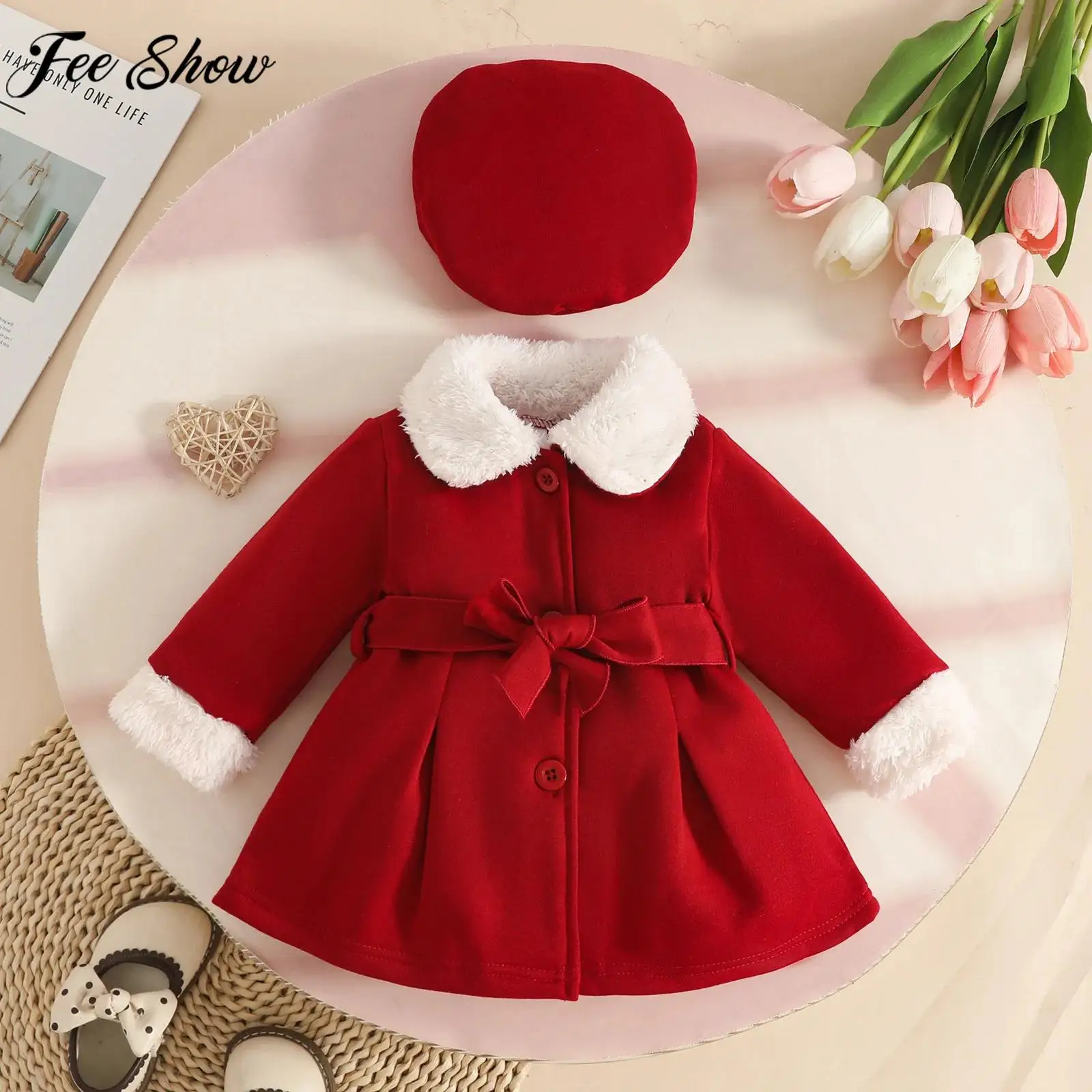 

Детское рождественское пальто с меховым воротником и длинными рукавами для девочек, шляпа с поясом для новогоднего праздника, дня рождения, фотографии