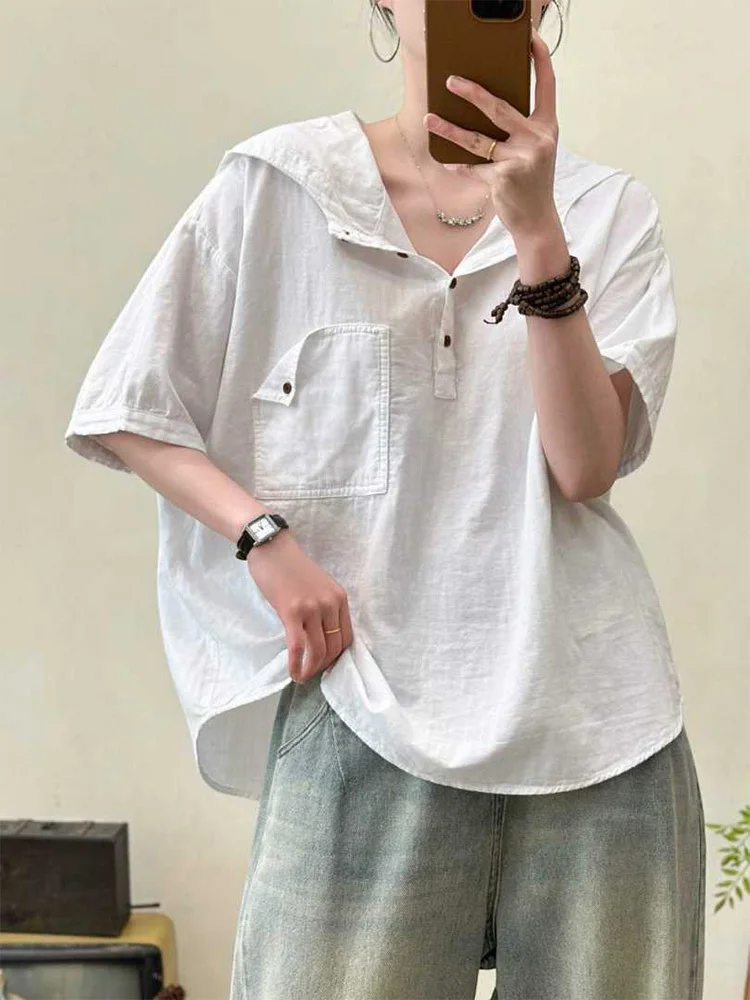 Amax LuluE Korean Design Summer Clothes Womens Fashion Loose Hooded Shirts 2026 Ladies Classic Casual Cotton Blouses Luxury Tops