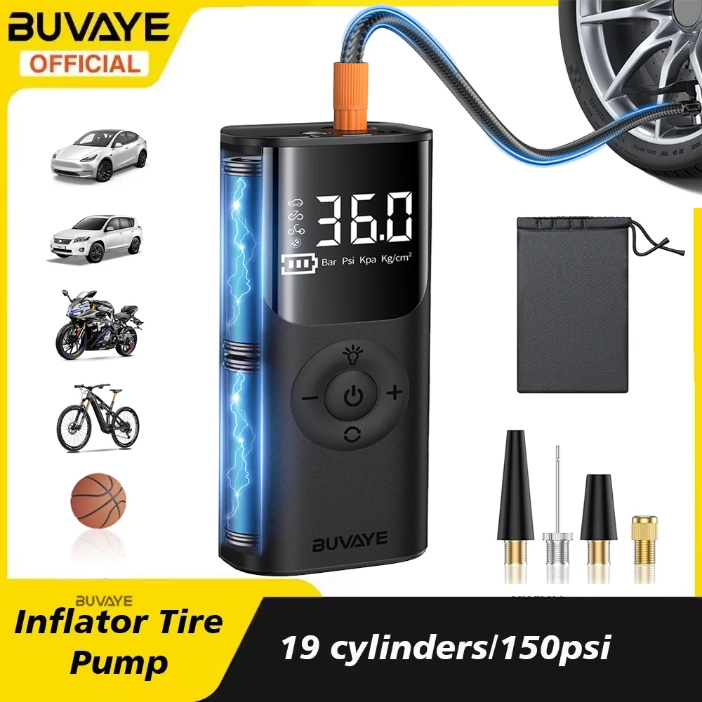 

BUVAYE-Digital Wireless Tire Inflator, Mini Inflator, 150PSI, Automatic Inflation, Air Compressor for Motorcycle, Bicycle