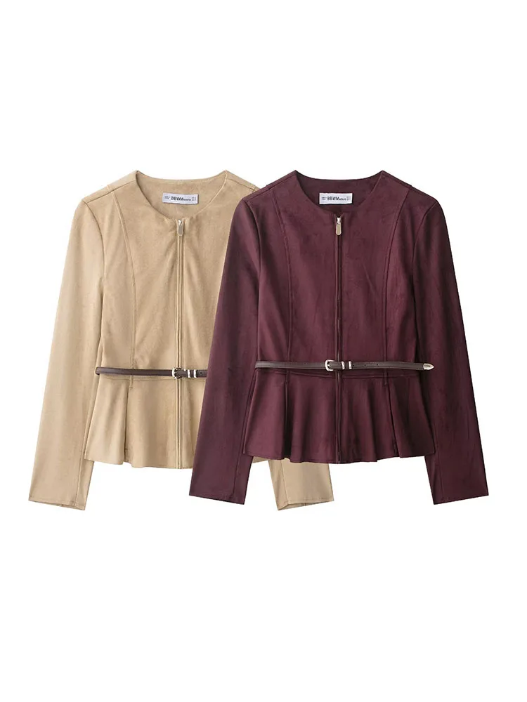 HH Women Round Neck Long Sleeves Zipper Belt Decoration Suede Effect Skirt Hem Jackets Female Slim Fit Street Style Coat