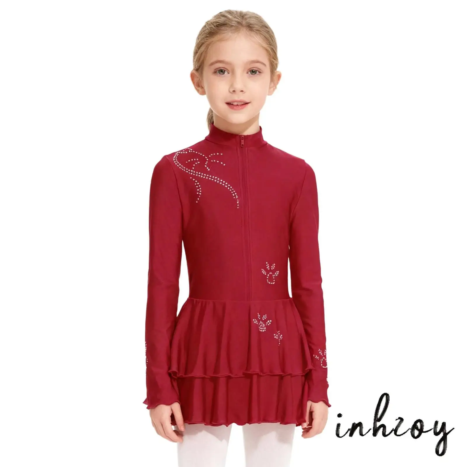 

Kids Girls Elegant Figure Skating Dress Crystal Rhinestones And Tiered Ruffle Hem Front Zipper Ballet Leotard Lyrical Dancewear