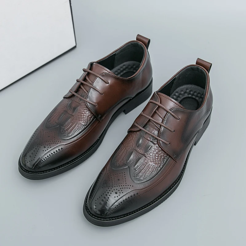 

Men Crocodile Pattern Brogue Dress Shoes Formal Lace-Up Business Oxford Shoes Black Breathable Leather Wedding Shoes Size 38-46