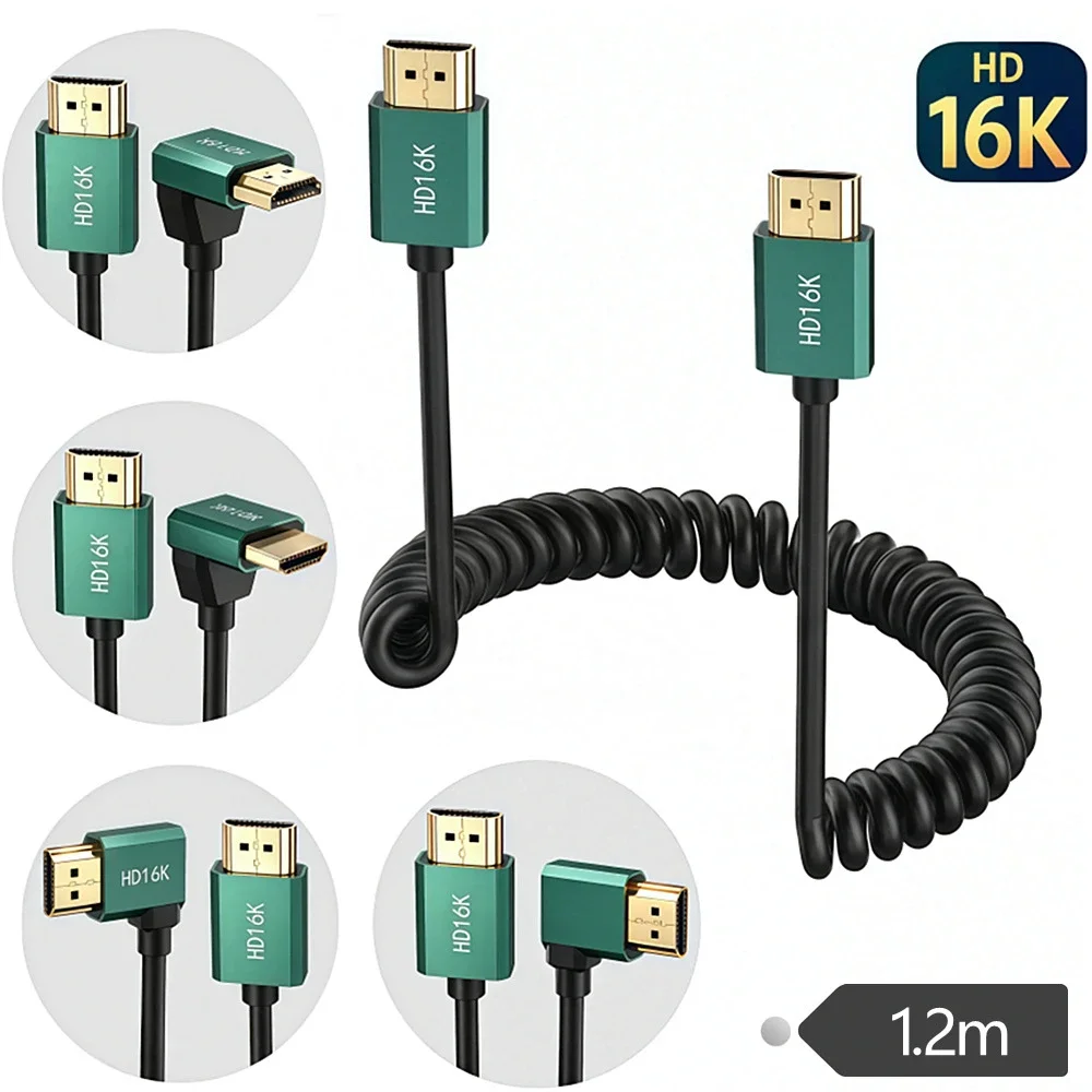 16K HDMI Coiled Spring Cable HDMI Male To Micro Mini HDMI Male Gold Plated for Camera Monitor Capture Card 1.2m