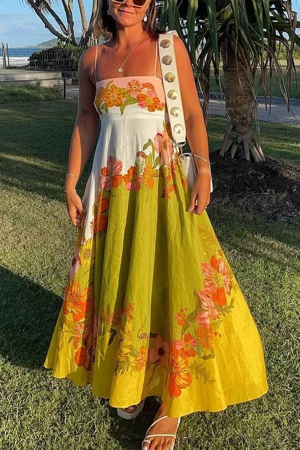 Vestido sin mangas de cintura alta con tirantes para mujer, traje Sexy con estampado Vintage, Espalda descubierta, a la moda