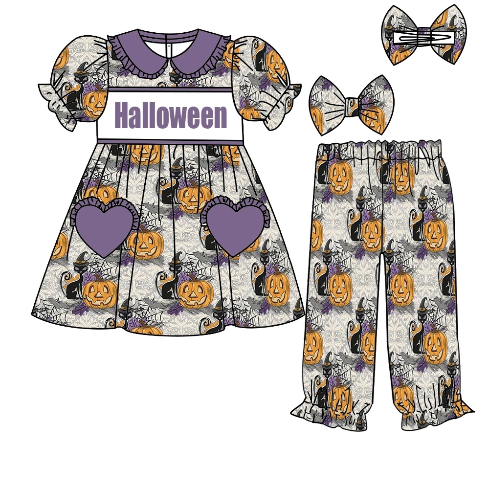 بنطال بناتي بتصميم جديد للهالوين بأكمام قصيرة مع طقم بوتيك مطبوع عليه جيب على شكل قلب مع عصابة رأس على شكل فيونكة متطابقة