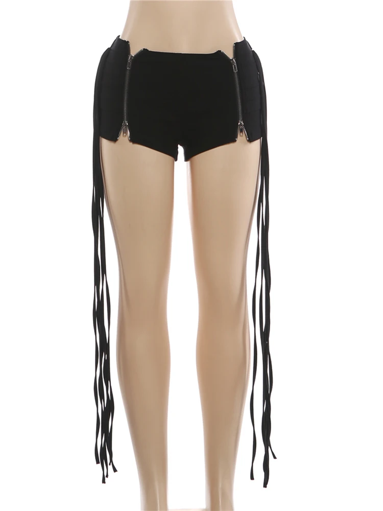 Nibber Coquette Shorts Dames Sexy Kwastje Onregelmatige Wilde Hottie Zip Patchwork Stretch Skinny Muziekfestival Middernacht Streetwear