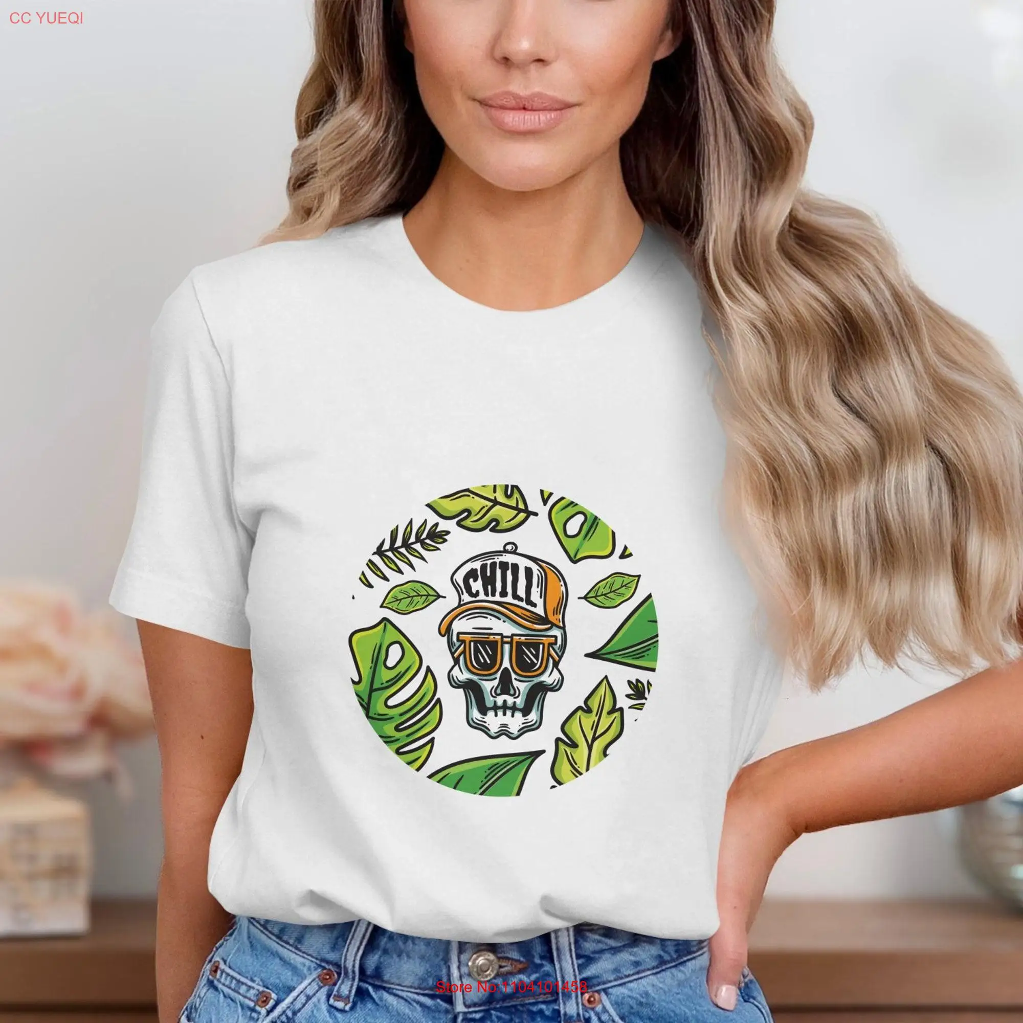 Cool Skull Chill T Shirt Tropical Leaf Unique Summer Vibes Hipster Art Casual Streetwear long or short sleeves