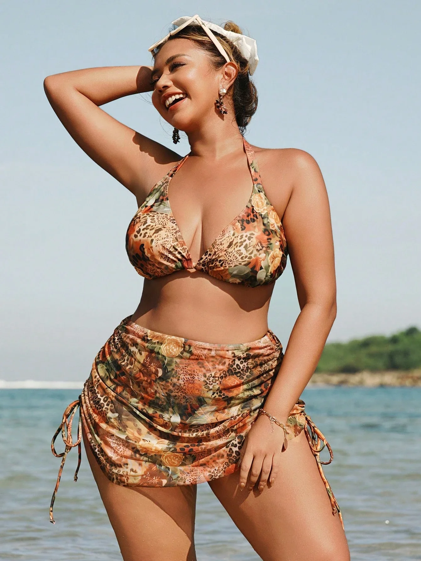 

Комплект бикини с цветочным леопардовым принтом и юбкой с высокой талией, пляжная одежда для женщин, лето
