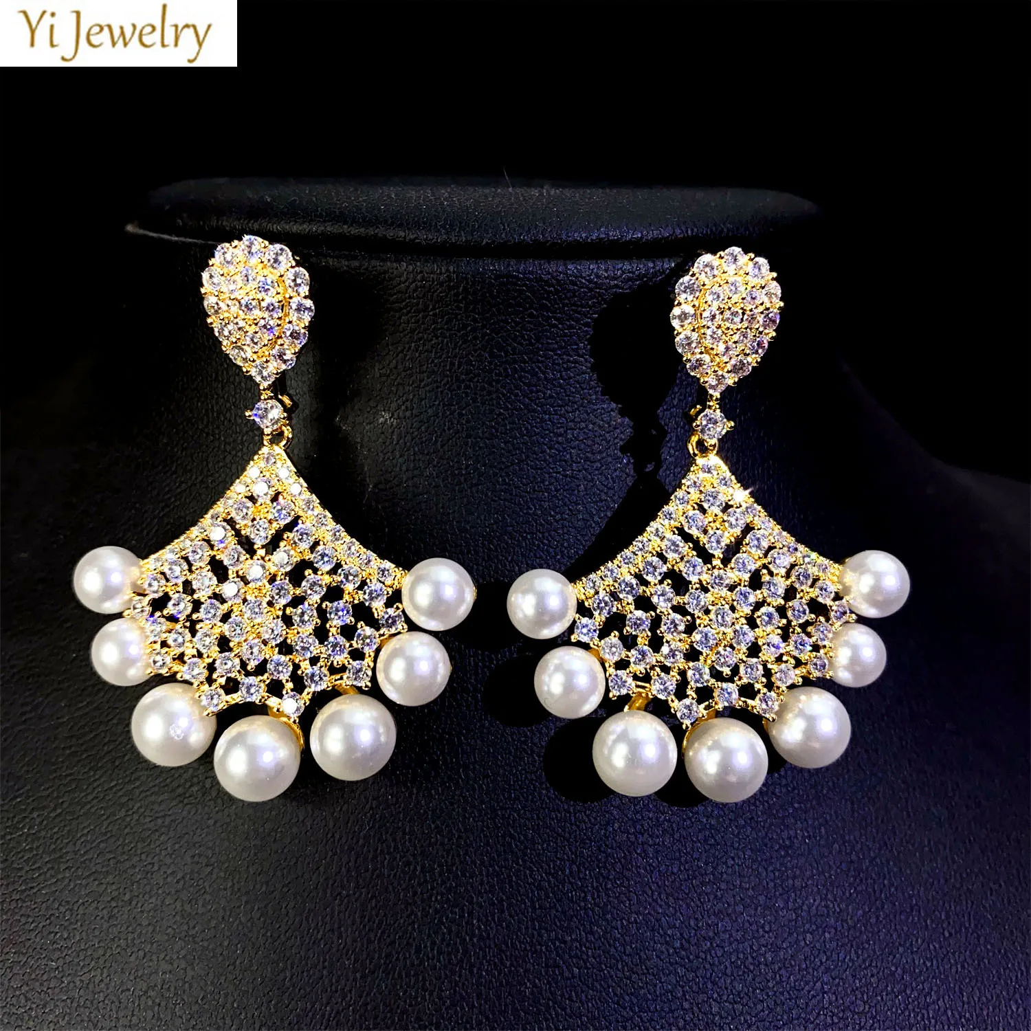 

elegant pearl earrings bride wedding party gold silver color zirconia shiny jewelry women earrings fan shape pendant