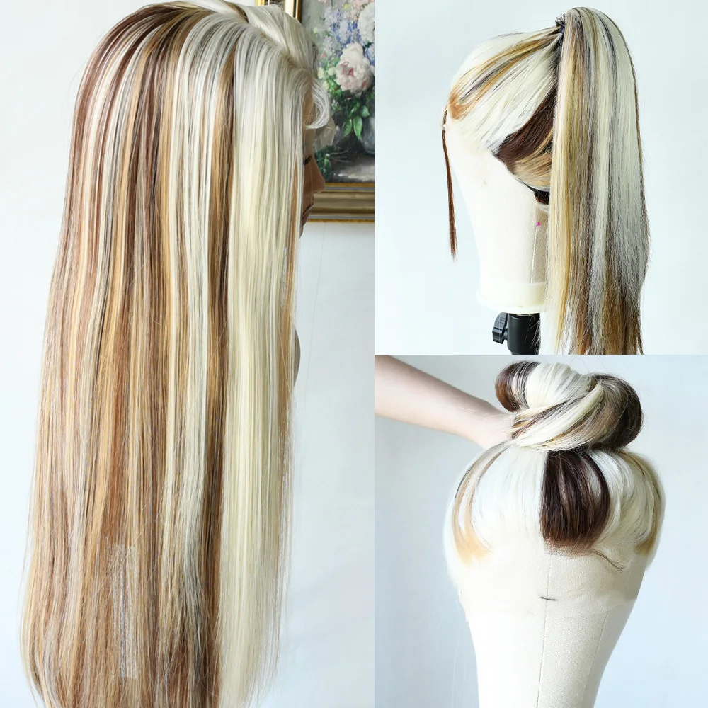 Highlight Blonde Perücke 13x4 Braun Farbige HD Transparent Gerade Spitze Front Perücken Für Frauen Vor Gezupft Spitze Frontal perücke Synthetische