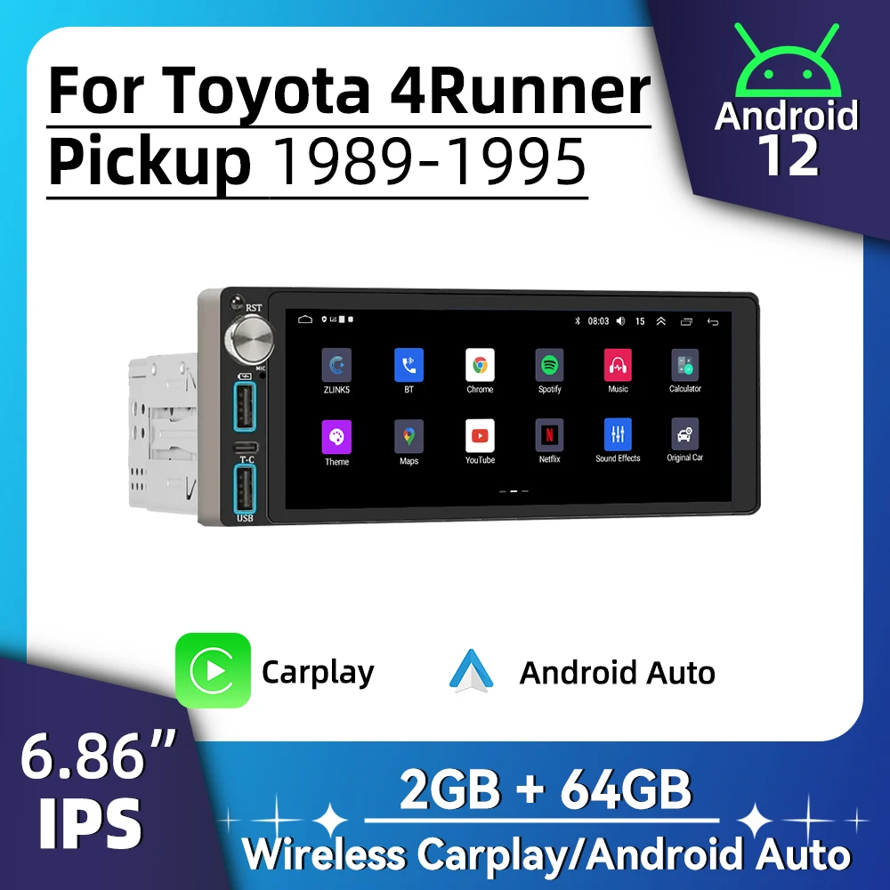 شاشة 6.86 بوصة وسائط متعددة للسيارة تعمل بنظام أندرويد لسيارة Toyota 4Runner Pickup 1989-1995 1 Din وحدة رأس ستيريو راديو Carplay GPS Autoradio Auto