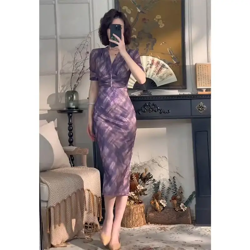 

Фиолетовое женское летнее платье с высокой талией, коротким рукавом, премиум-класса, для светских мероприятий, элегантное, в стиле высшего общества.