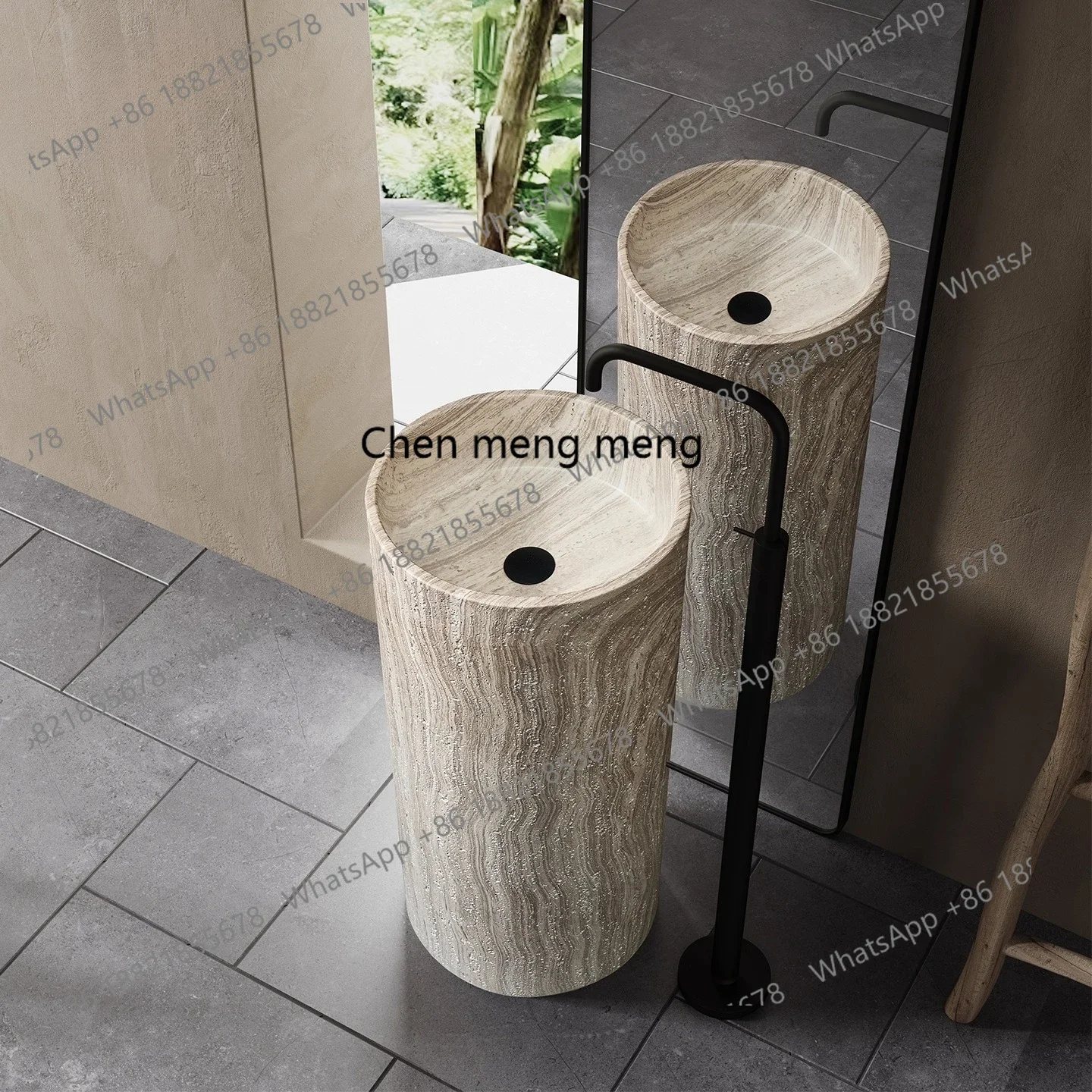 X  Simple travertine round floor-to-ceiling hand wash face column basin B & B, bathroom