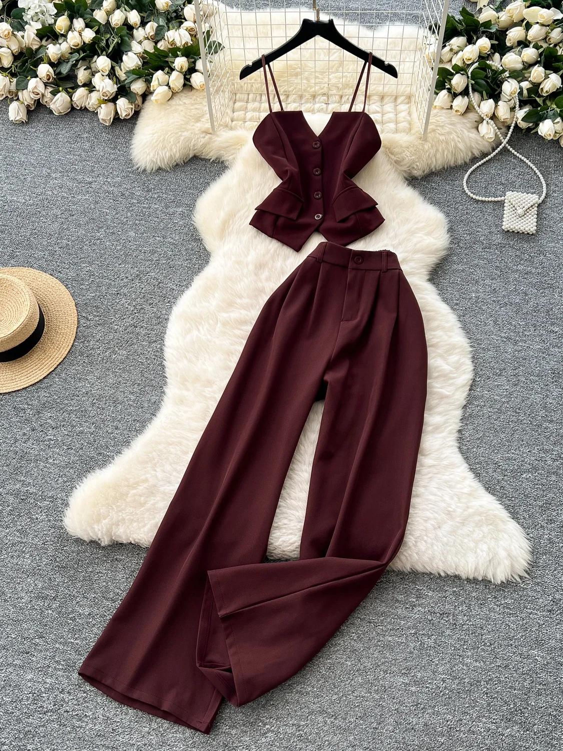 유행하는 여성 여름 세트 하이웨이스트 와이드 레그 스트레이트 팬츠 베스트 투피스 수트 벨티드 크롭탑 트렌디 의상