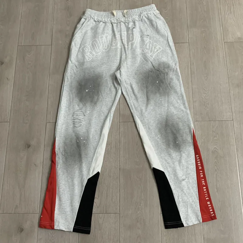 Men Women Vintage Washed Splash Ink Ripped Rough Play Casual Pants 3-color Side Spliced Letter Print Drawstring Straight Pants