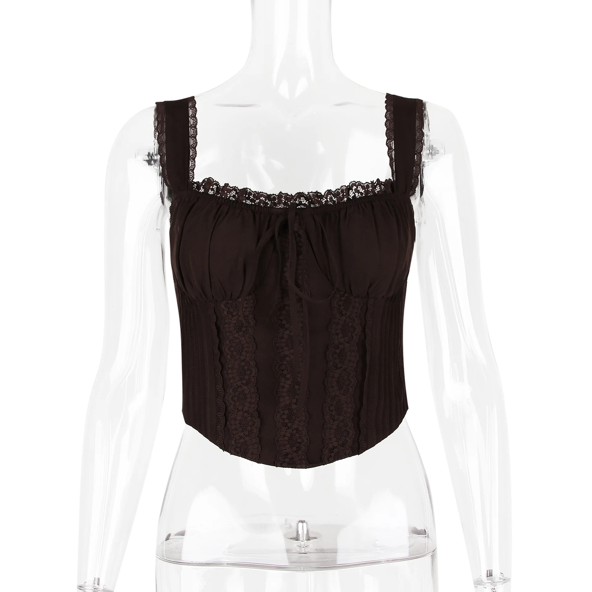 

Lace Patwork Lace-up Short Irregularity Tan Top 2025 Summer New Women's Vest White Bodycon Sleeveless Corset Top Women's Clothes