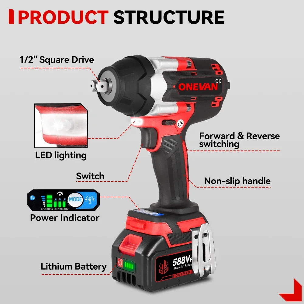 ONEVAN 1800N.M Brushless Electric Impact Wrench 1/2 inch Cordless Wrench Driver Power Tool For Trucks For Makita 18V Battery