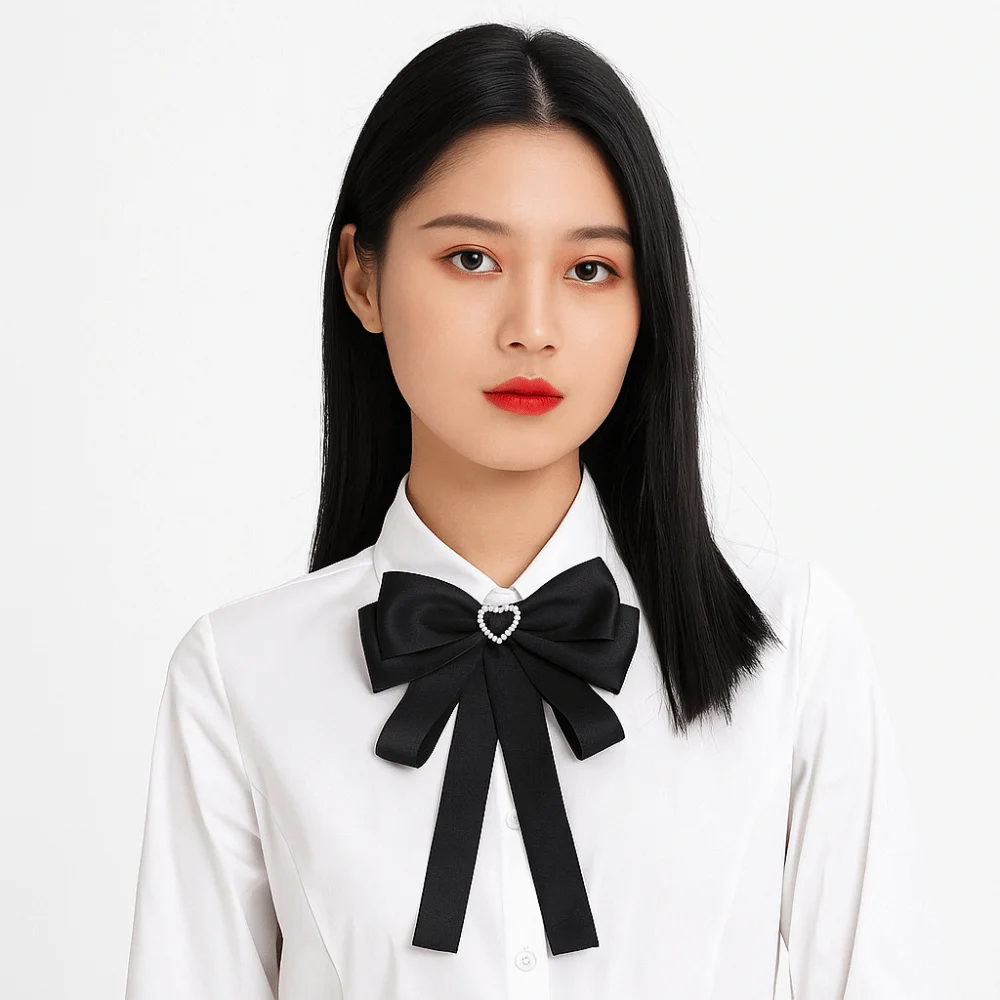 تألق الراين الأسود الشريط دبوس اللؤلؤ متعدد الطبقات الأسود القوس ربطة العنق دبوس الحب القلب الشريط شارة بروش فتاة #2