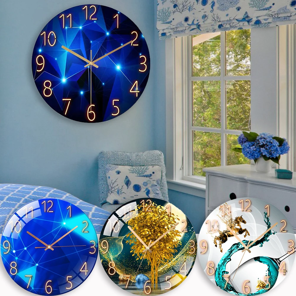 12inch Dark Blue Thickened Tempered Glass Wall Clock Geometric Elements Silent Movement Quartz Living Room Home Decor Gift