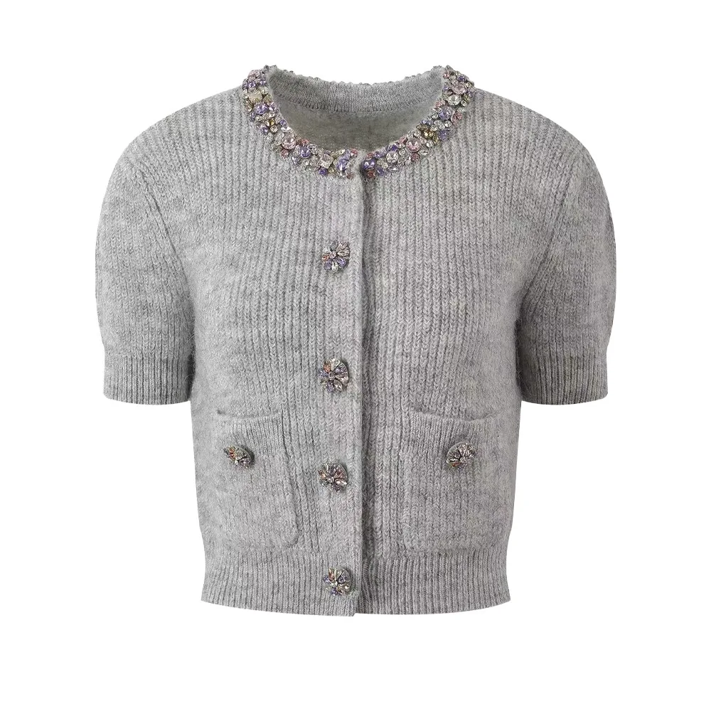 2025 autunno e inverno nuovo cardigan tempestato di diamanti da donna girocollo manica lunga top eleganti da donna