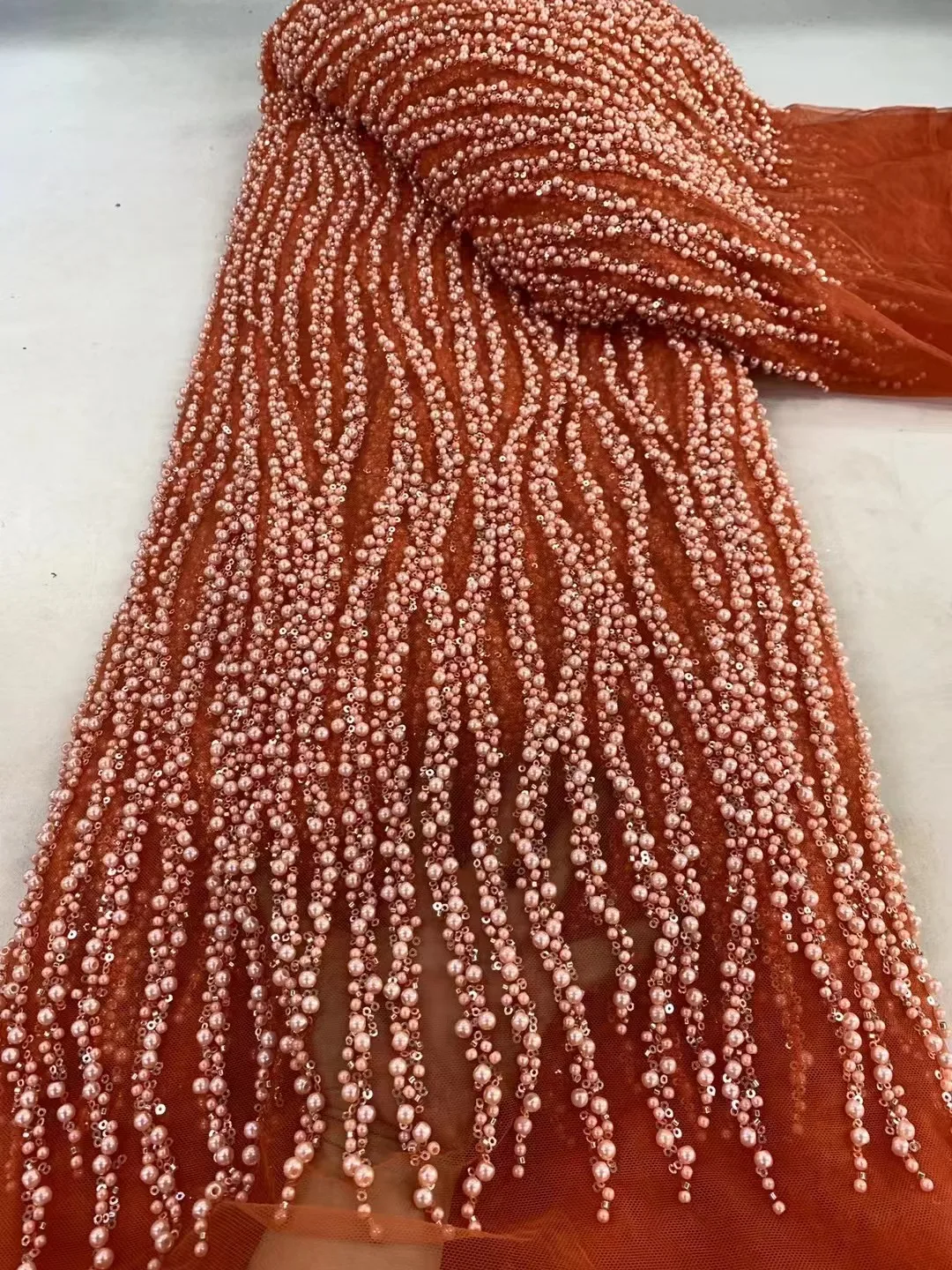 Orange Luxury African Sequins Lace Fabric 2025 High Quality French Nigerian Groom Beaded Lace Fabric For Sewing Dress Wedding