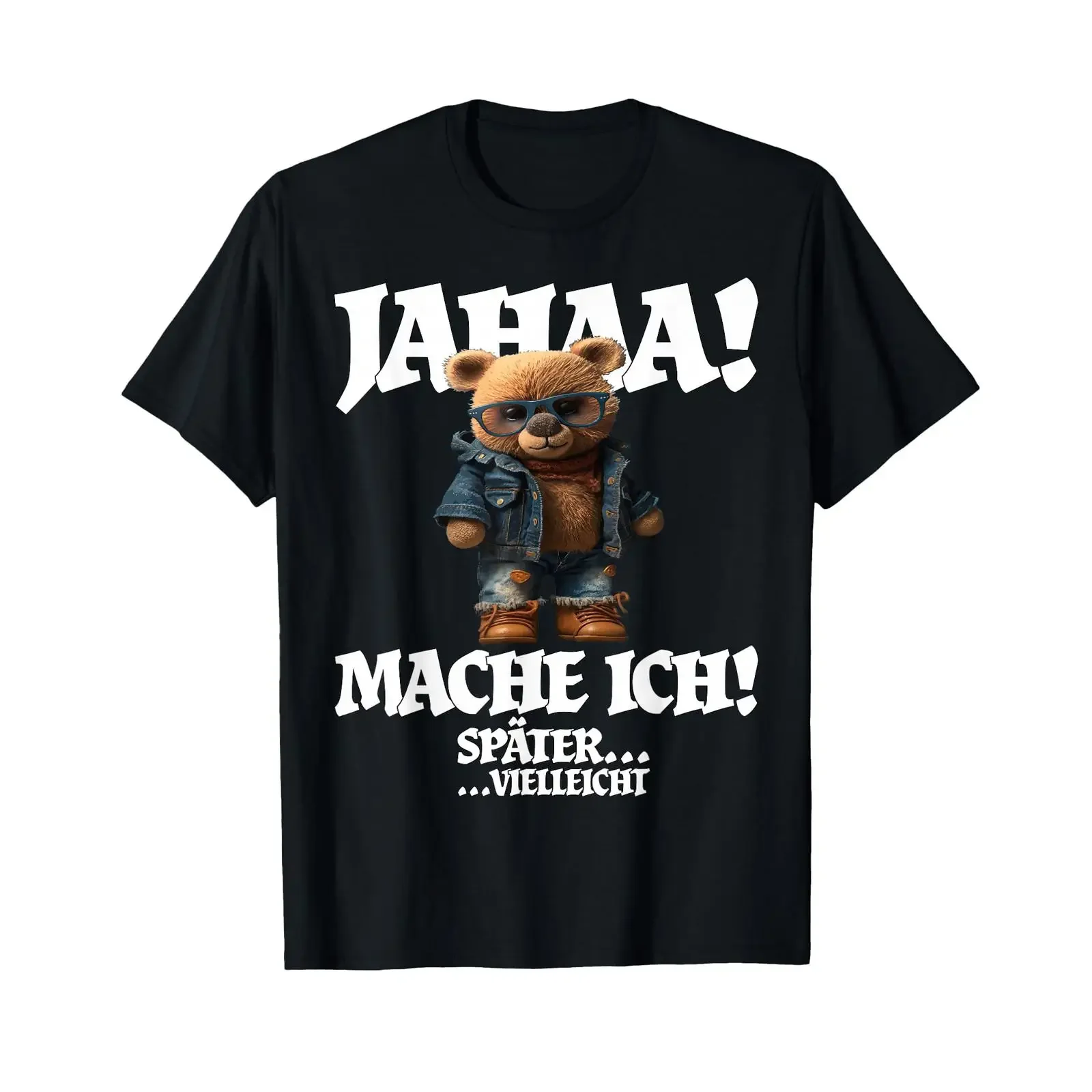 Camiseta masculina Jahaa Mache Ich Später Vielleicht Funny Teddy com frases, preta, vintage, lavada, casual, com estampa gráfica, streetwear.