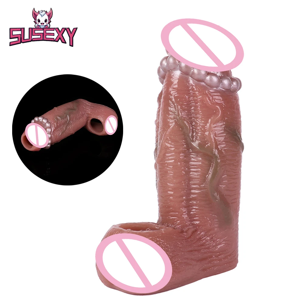 

SUSEXY Soft Dildo Sleeve Penis Enlargement With Beads Cock Ring Vagina G-spot Stimulator Anal Sex Toys For Men Couple Pleasure