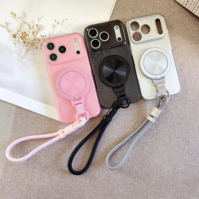 For Magsafe Magnetic 360°Rotating Bracket Lanyard Glitter Hard PC Phone Case For iPhone 18 17 Pro Max 15 14 13 12 11 16 Pro Max
