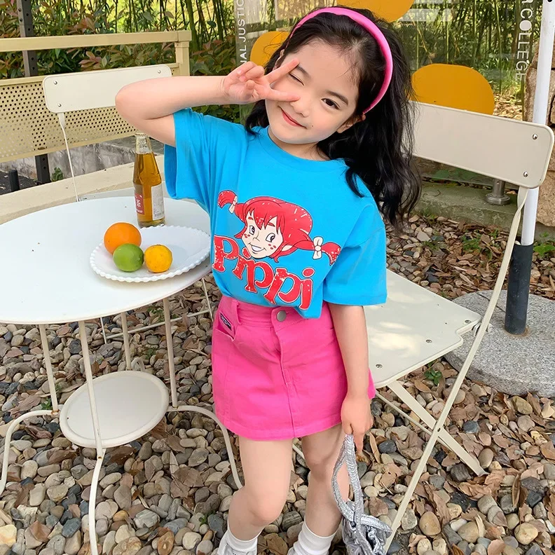 Children Casual Loose Parent Child Clothing 2024 Summer Korean Mother Daughter Cartoon Printed Cotton T Shirt and Skirt Suit