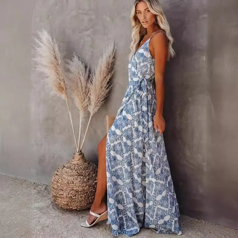 WeHello - 2024 New Fashionable Slim Fit Bohemian Print Beach Vacation Strap Women's Long Dress