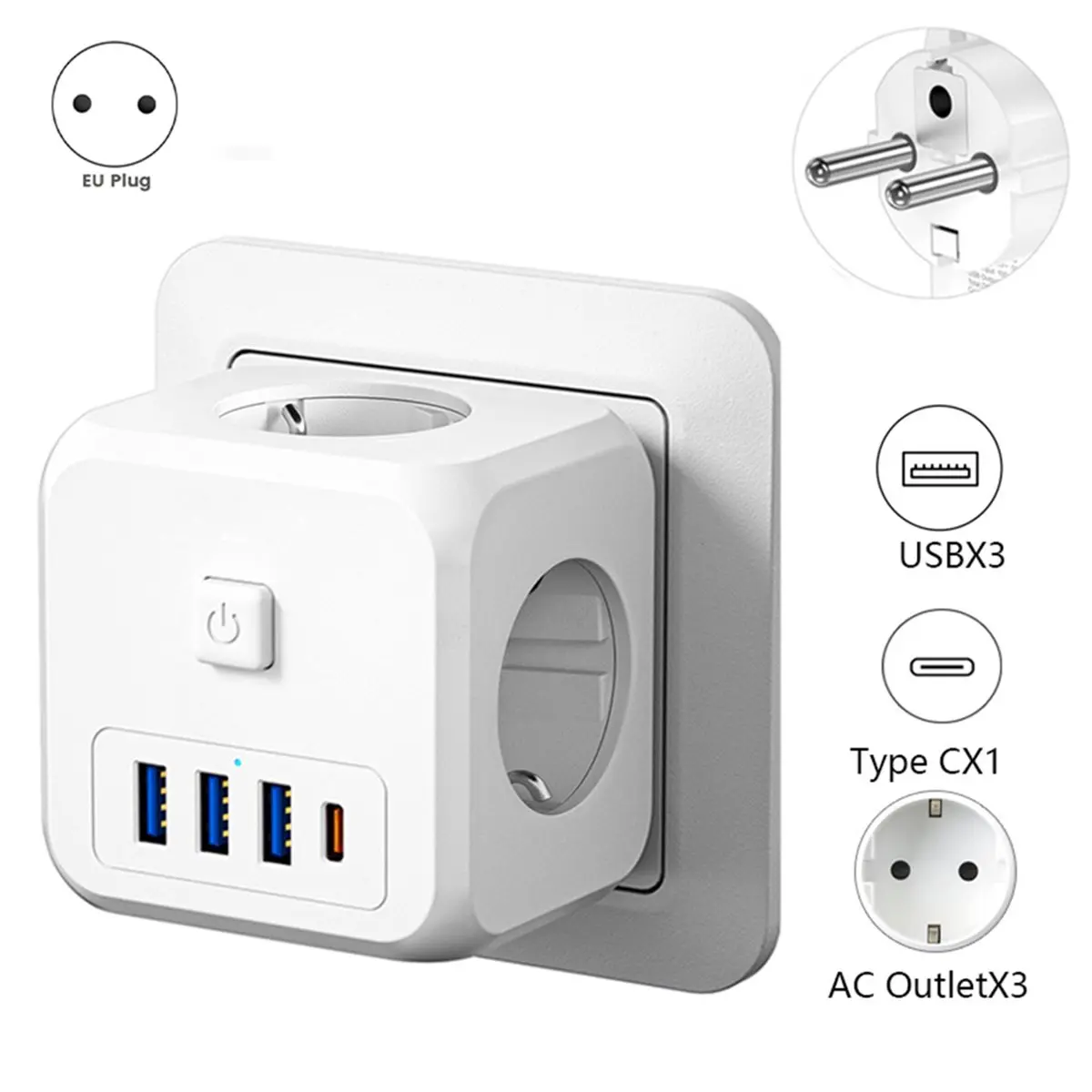 A86G NEW Wall Socket Extender with 3 AC Outlets 3 USB Ports and 1 Type C Charger on/Off Switch for Home EU Plug