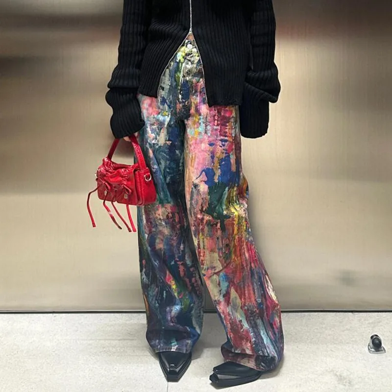 MWJLPWQ Y2K الهيب هوب نمط ملون الكتابة على الجدران الجينز الرجال شارع العليا فضفاض للجنسين واسعة الساق السراويل المد مستقيم الدينيم بنطلون 21062