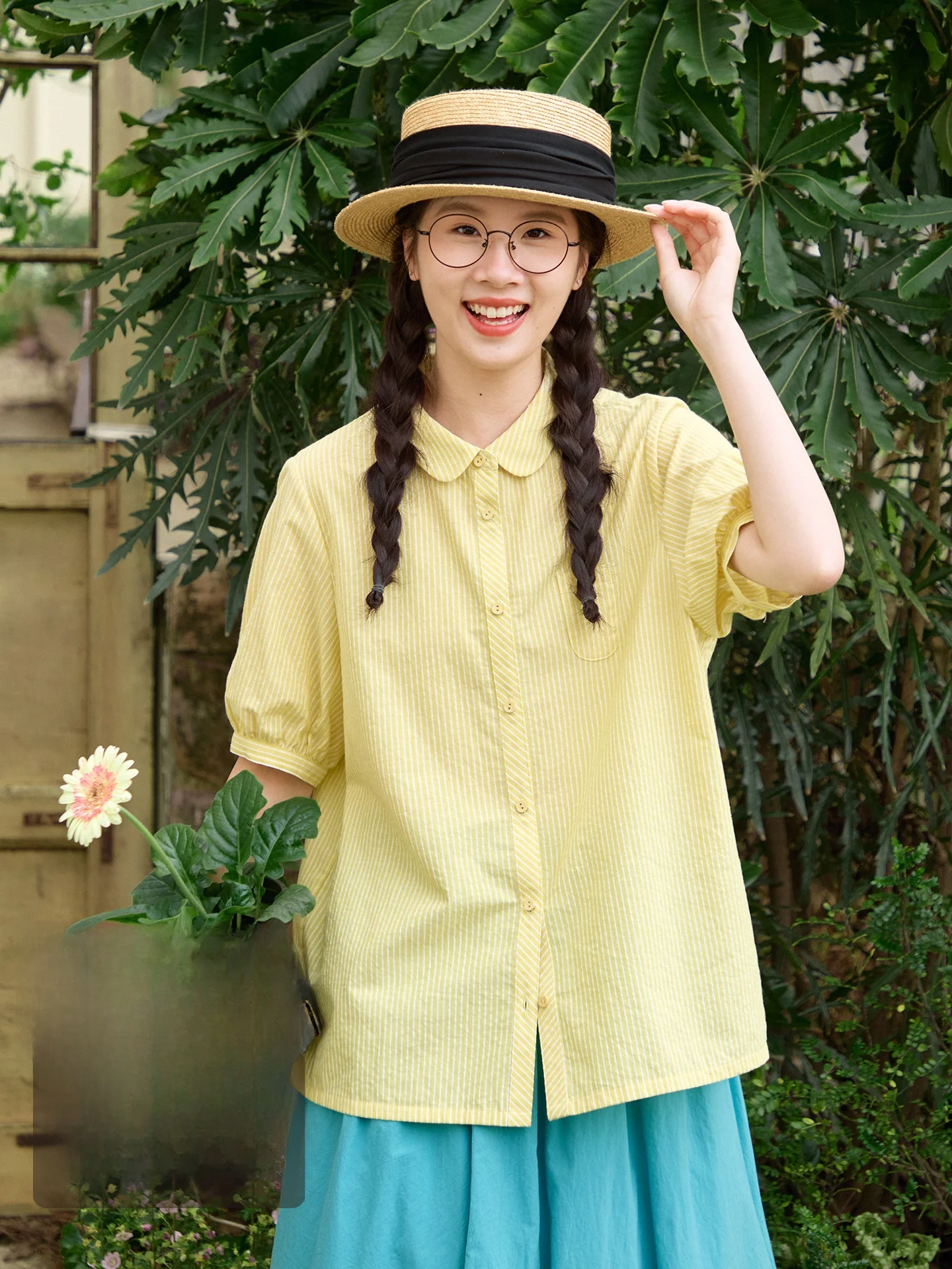 

Loose Fit Pure Cotton Striped Shirt Women's Summer Short Sleeve Baby Doll Collar Top Breathable Comfortable Casual Fashion