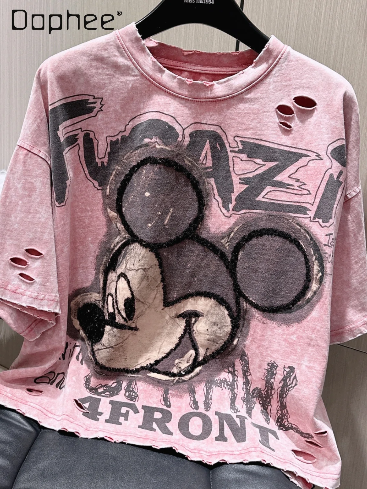 

Sequin Print Cartoon Creative Hole Short Short Sleeve T-shirt Women's Summer New Loose Half Sleeve Top Tide Vintage Clothes