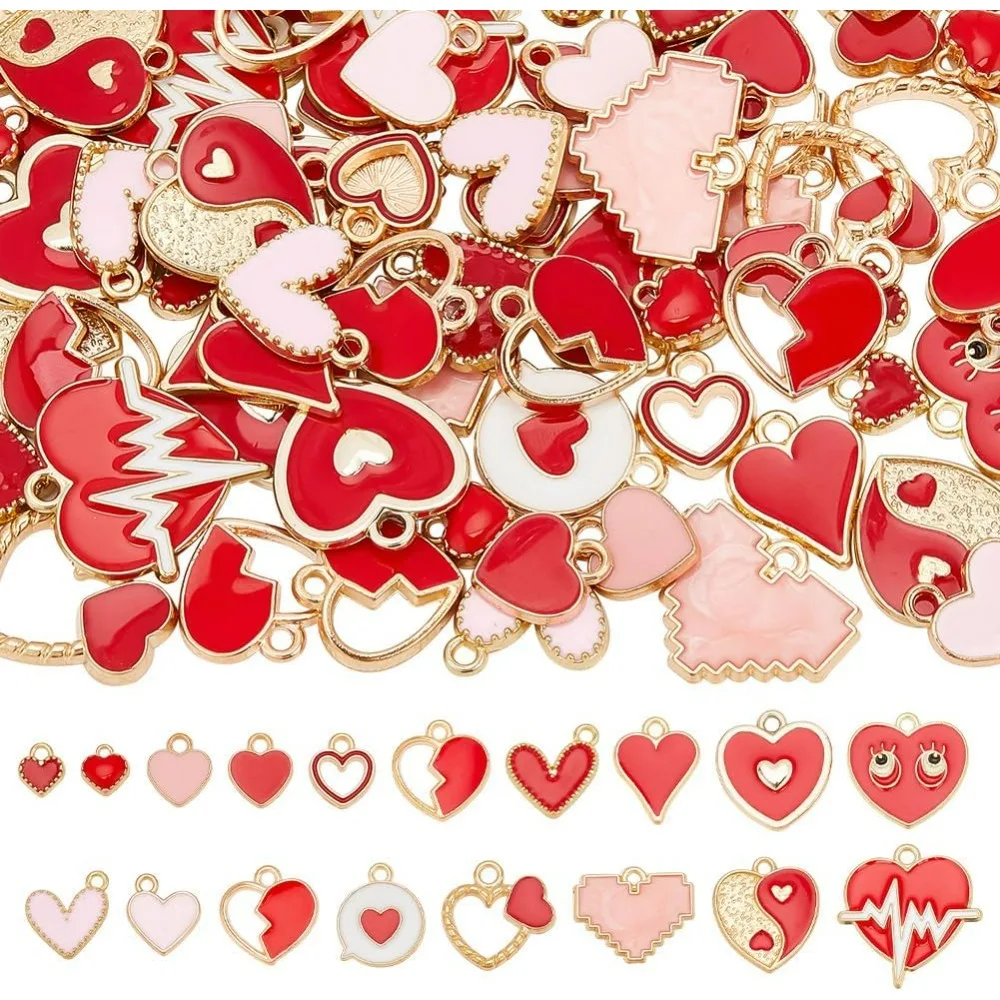 72 Pcs Heart Shape Enamel Pendant, Assorted Love Shaped Valentine’s Day Heart Charms Alloy Heart Dangle Charms Kit for Love