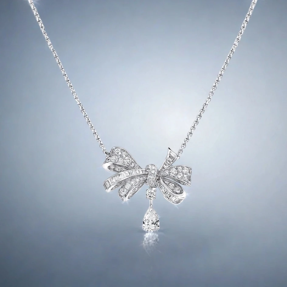 

Sweetheart Ribbon Platinum Bow Necklace s925 Sparkling Inlay Craftsmanship Fairy Style Stacked Artifact Date Robe Light Luxury